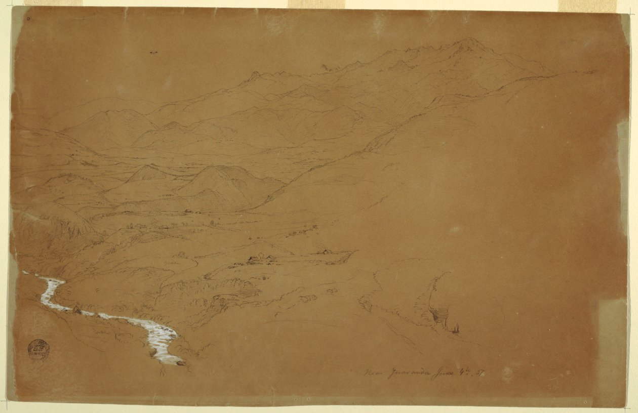 Tegning, Dal med vandløb og huse, nær Guaranda, Ecuador, 4. juni 1857 af Frederic Edwin Church