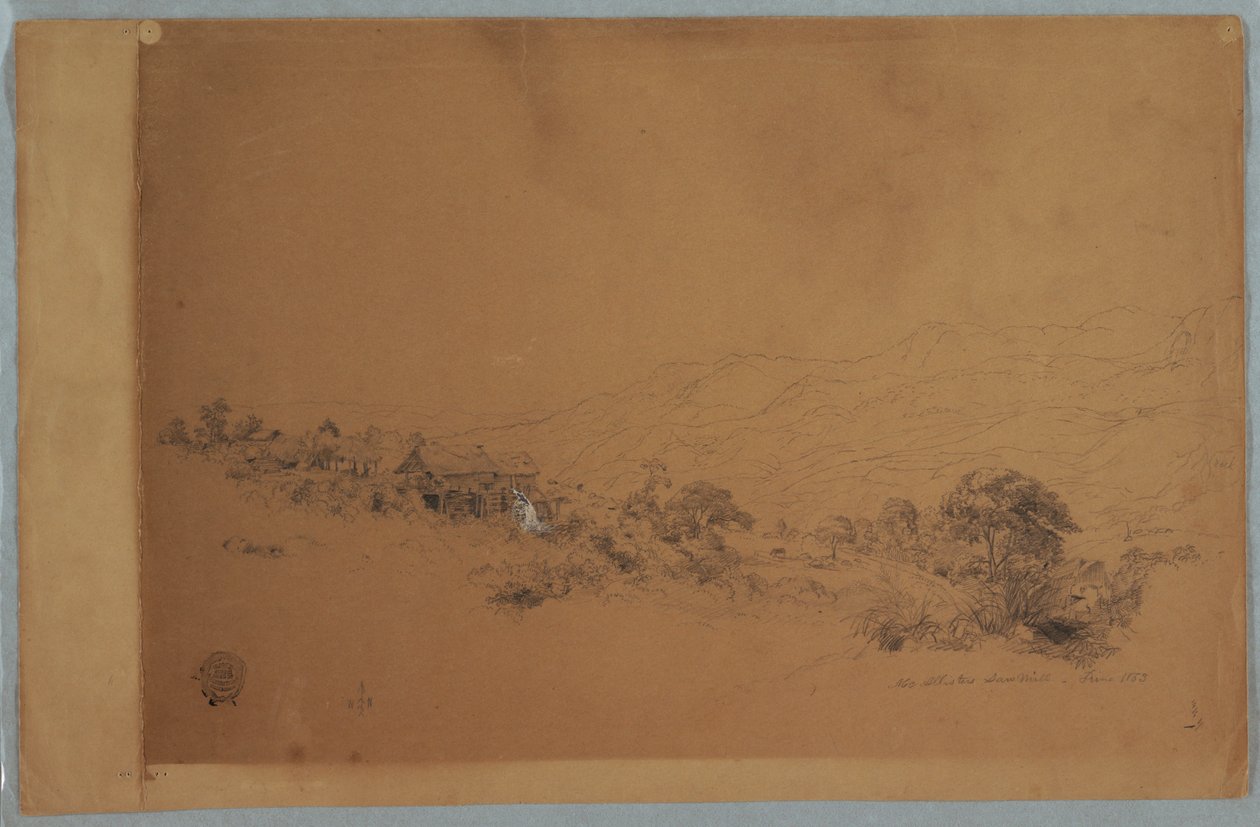 Tegning, dal med McAllisters savværk, Colombia, juni 1853 af Frederic Edwin Church