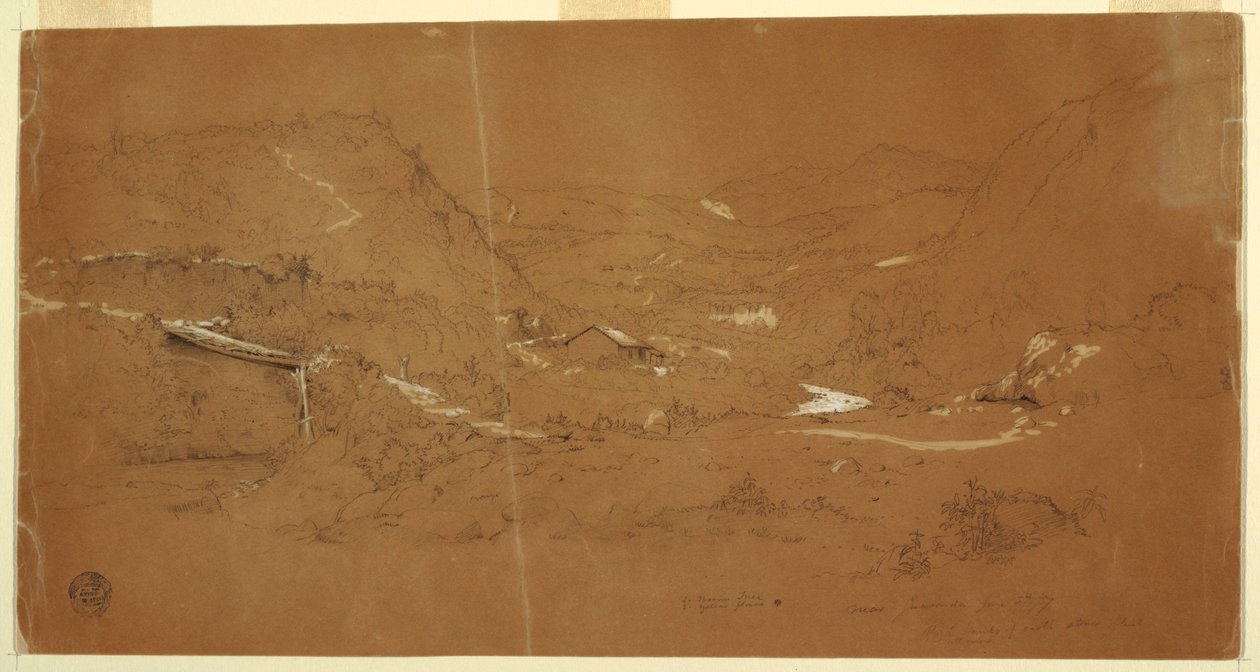 Tegning, dal med bro og huse, nær Guaranda, Ecuador, 5. juni 1857 af Frederic Edwin Church