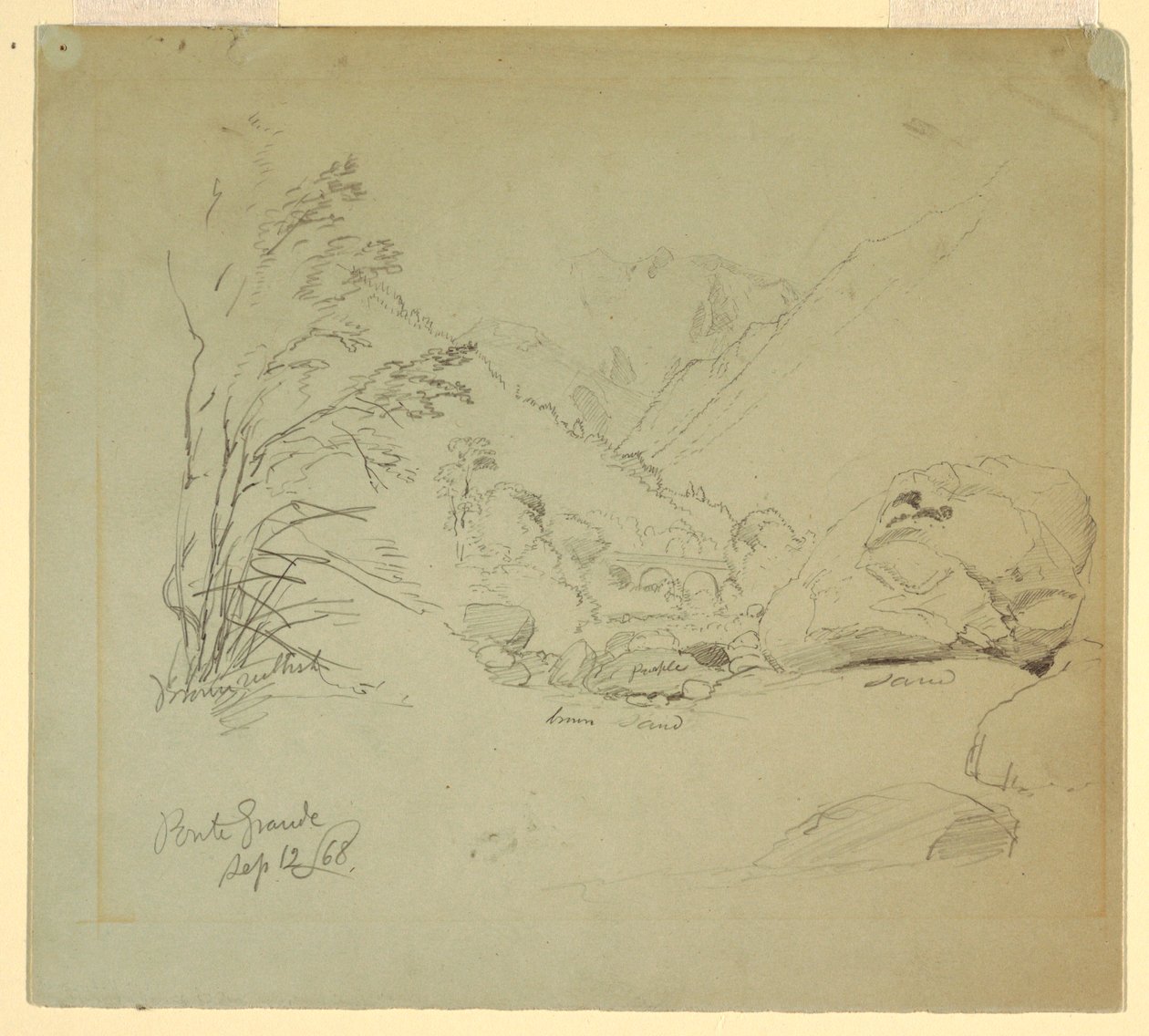 Tegning, dal med bro nær Macugnaga, 12. september 1868 af Frederic Edwin Church