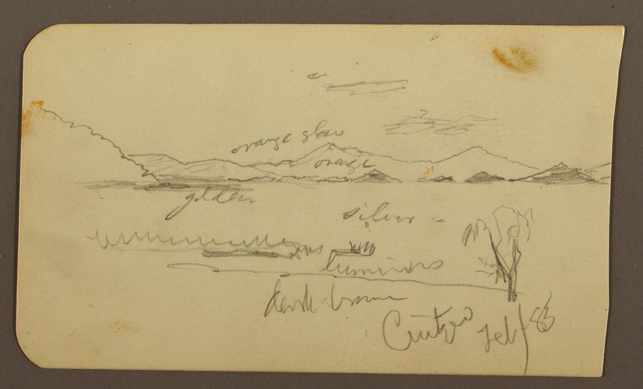 Tegning, Udsigt nær søens bred, Cuitzeo; bagside: Udsigt nær søens bred, Cuitzeo, februar 1885 af Frederic Edwin Church