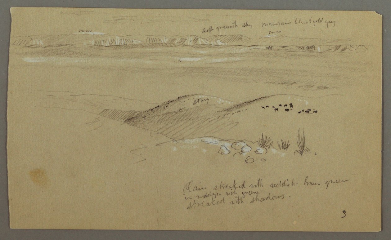 Tegning, Udsigt over bakkerne og sletten mod bjergene, El Yemen-dalen, februar 1868 af Frederic Edwin Church