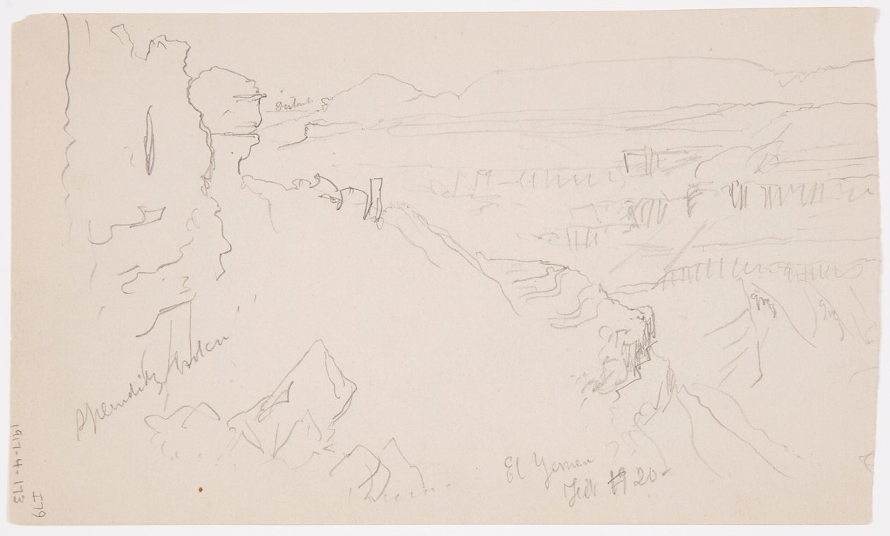 Tegning, Udsigt over bakkerne og sletten mod bjergene, El Yemen-dalen, februar 1868 af Frederic Edwin Church