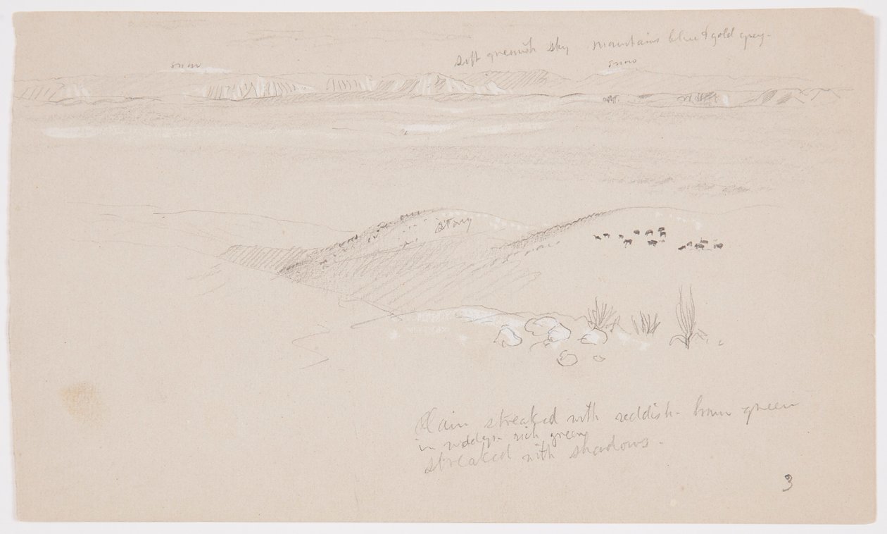 Tegning, Udsigt over bakkerne og sletten mod bjergene, El Yemen-dalen, februar 1868 af Frederic Edwin Church