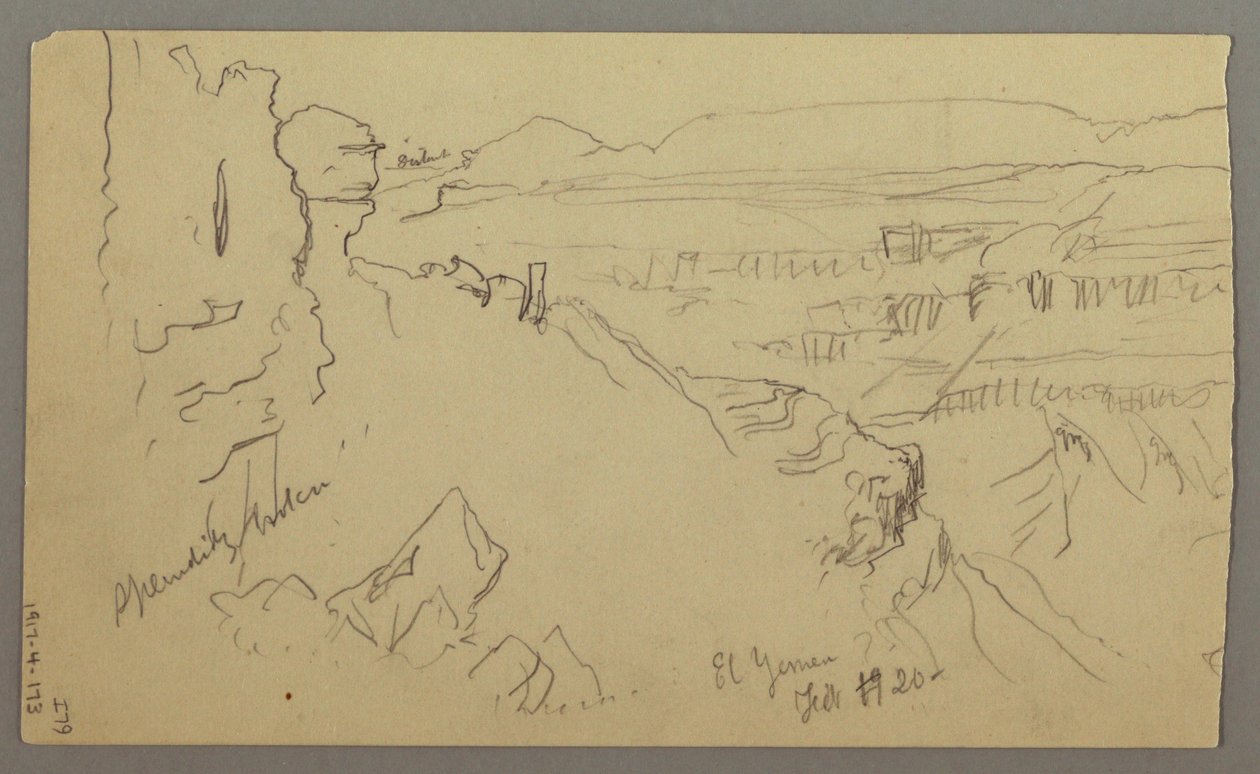 Tegning, Udsigt over bakkerne og sletten mod bjergene, El Yemen-dalen, februar 1868 af Frederic Edwin Church