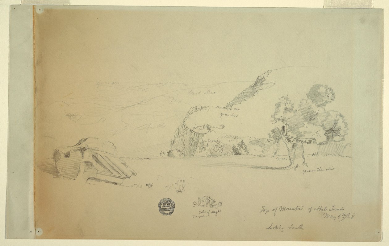 Tegning, Udsigt fra bakke vest for suk wadi, 4. maj 1868 af Frederic Edwin Church