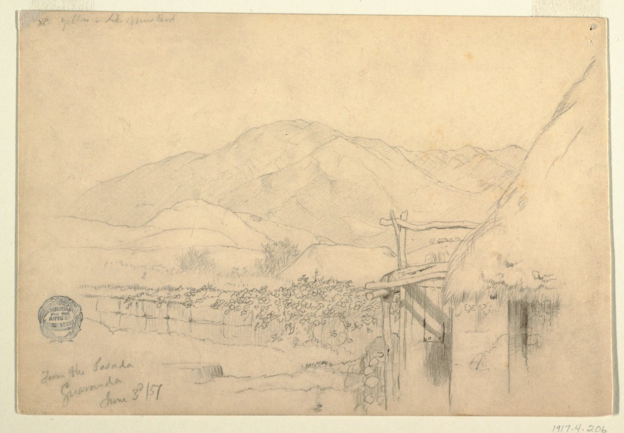 Tegning, udsigt fra kroen i Guaranda, Ecuador, 3. juni 1857 af Frederic Edwin Church