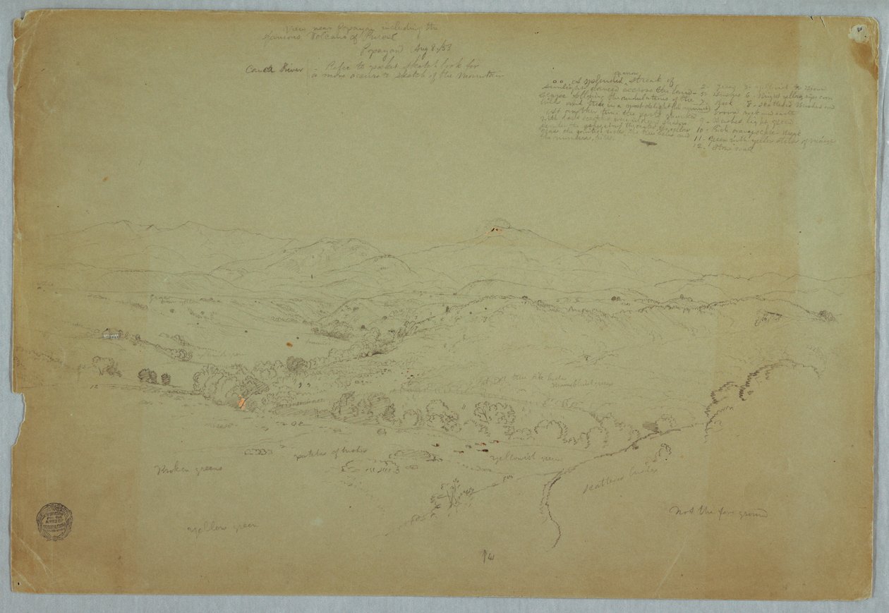Tegning, Udsigt nær Popayan med vulkanen Mount Purese, Cauca-floden, Colombia, 8. august 1853 af Frederic Edwin Church