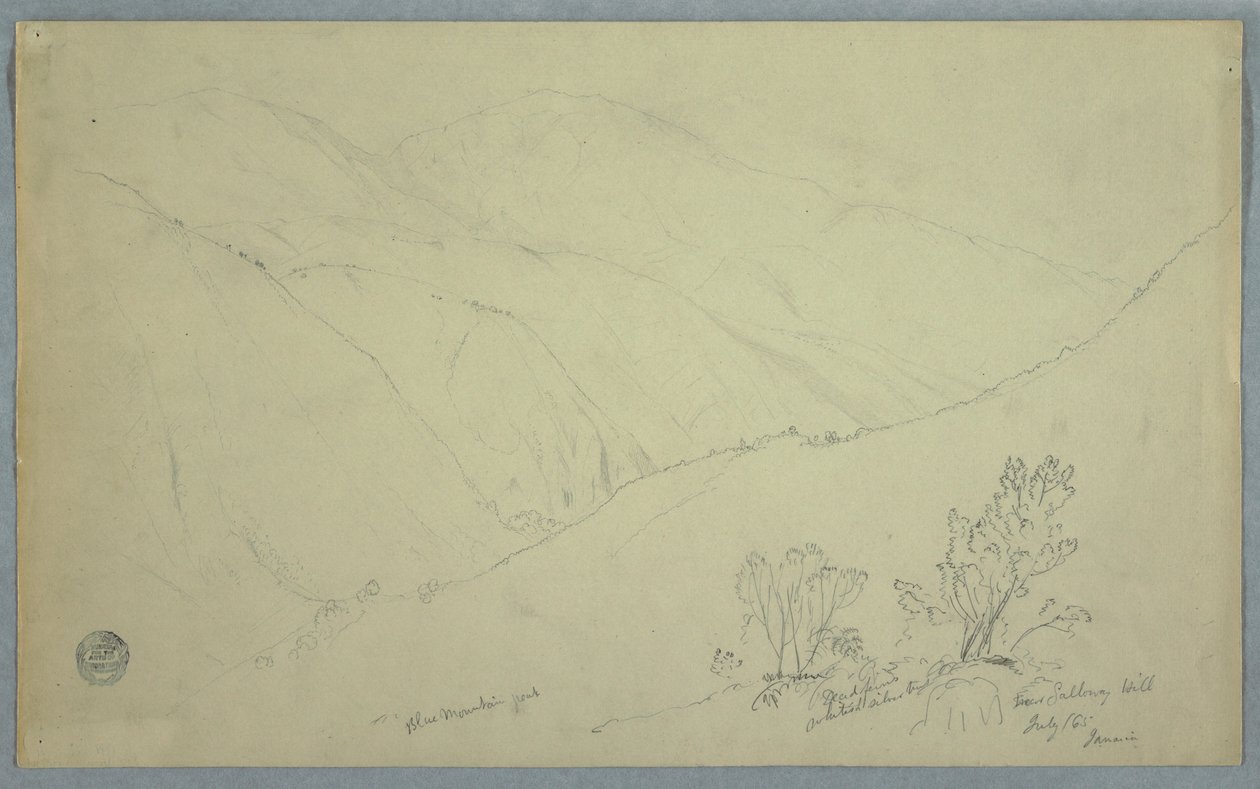 Tegning, udsigt over Blue Mountain Peak, set fra nær Salloway Hill, Jamaica, juli 1865 af Frederic Edwin Church