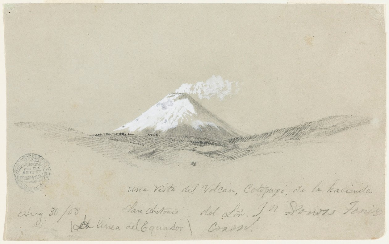 Tegning, Udsigt over Cotapaxi fra Hacienda San Antonio, Ecuador, 30. august 1853 af Frederic Edwin Church