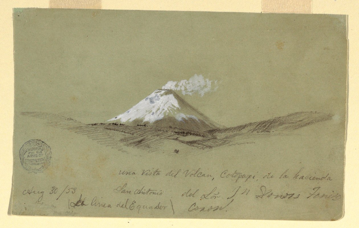 Tegning, Udsigt over Cotapaxi fra Hacienda San Antonio, Ecuador, 30. august 1853 af Frederic Edwin Church