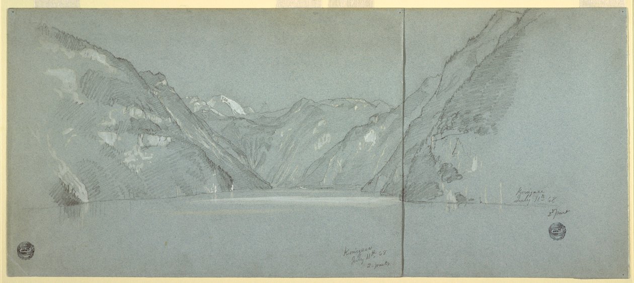 Tegning, Udsigt over Konigssee med Falkenstein, nær Berchtesgaden, Bayern, Tyskland, del 2, 11. juli 1868 af Frederic Edwin Church