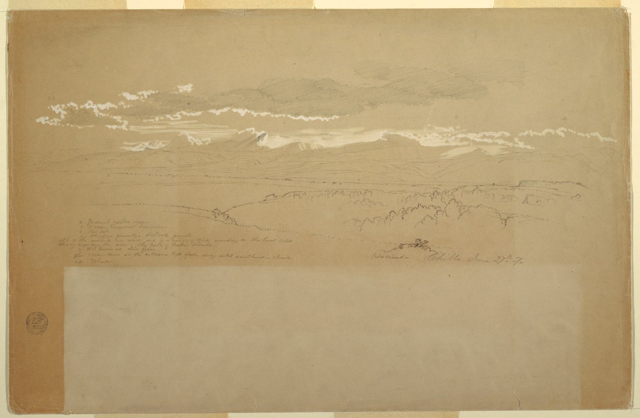 Tegning, Udsigt over bjergkæde, Ecuador, 27. juni 1857 af Frederic Edwin Church