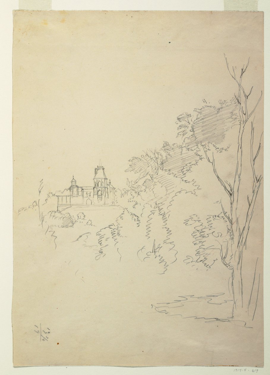 Tegning, Udsigt over Olana, kunstnerens hjem, Hudson, New York, ca. 1872 af Frederic Edwin Church