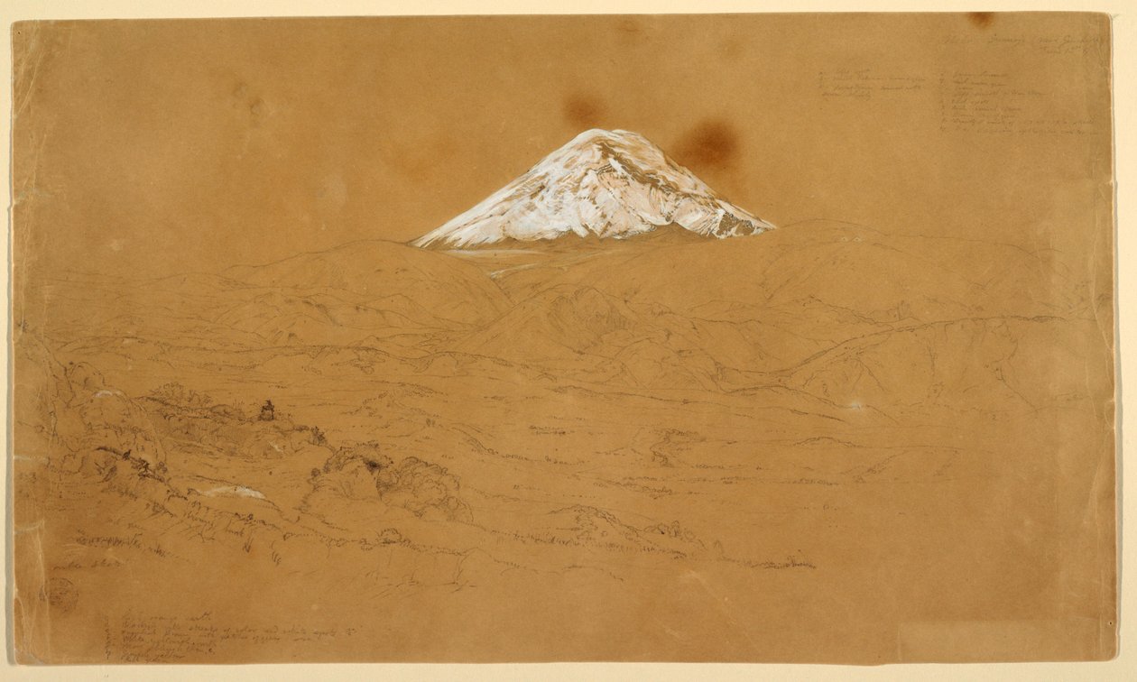 Tegning, udsigt over det snedækkede bjerg Chimborazo tegnet nær Guanojo og Guaranda, Ecuador, 12. juni 1857 af Frederic Edwin Church