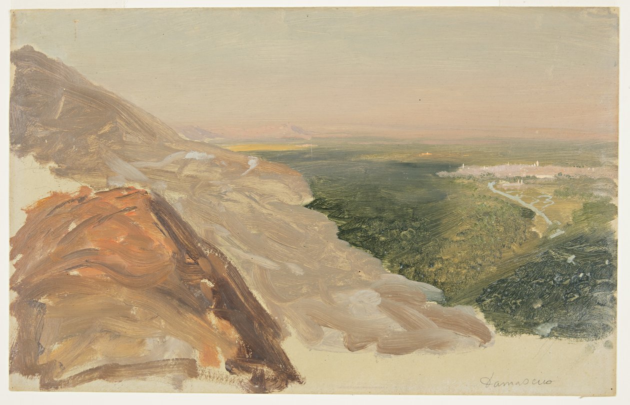 Tegning, Udsigt over en slette med Damaskus, Syrien, fra bjergene, maj 1868 af Frederic Edwin Church