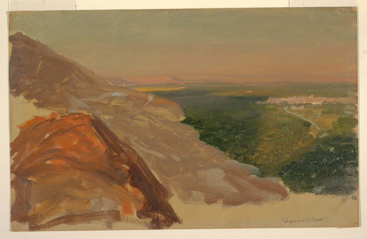 Tegning, Udsigt over en slette med Damaskus, Syrien, fra bjergene, maj 1868 af Frederic Edwin Church