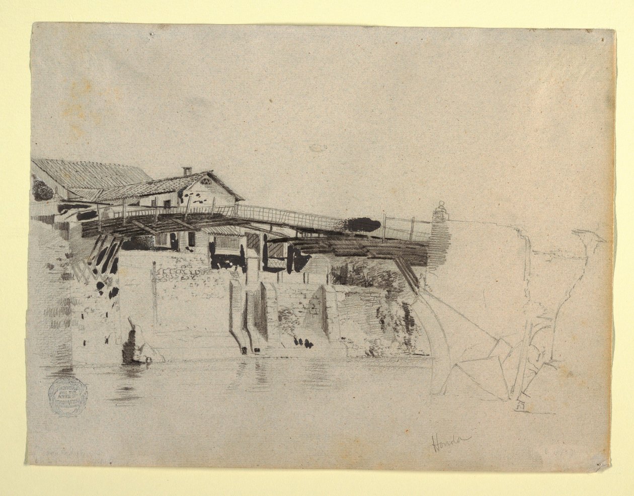 Tegning, Udsigt over broen og husene ved Honda, Colombia, 1853 af Frederic Edwin Church