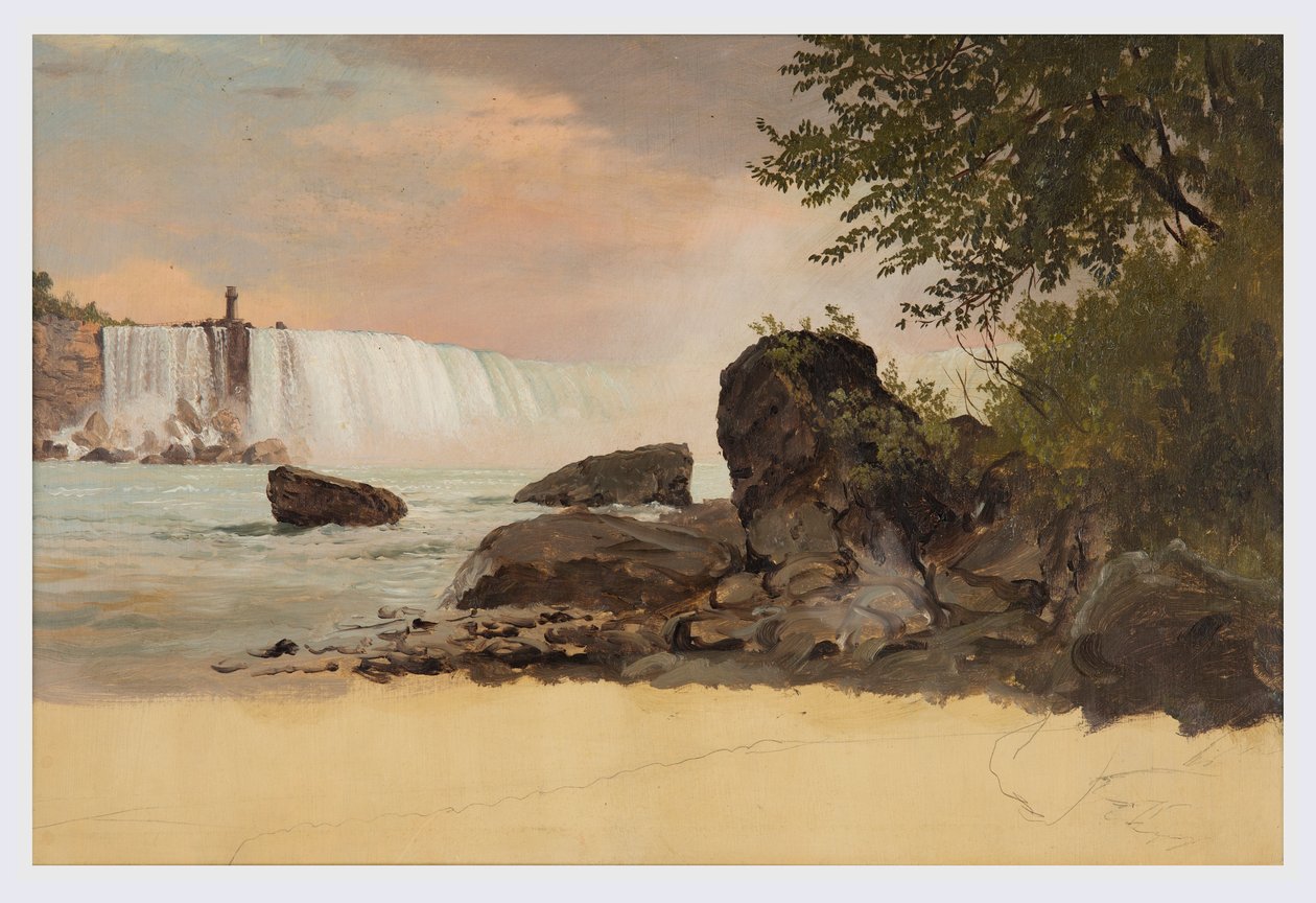 Tegning, udsigt over de canadiske vandfald og Goat Island, september eller oktober 1856 af Frederic Edwin Church