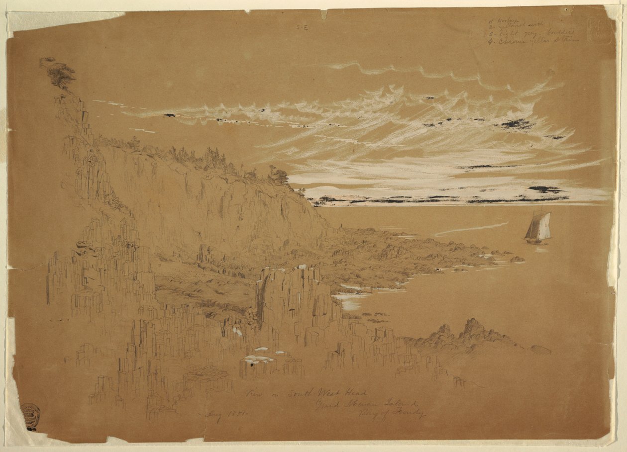 Tegning, "Udsigt over South West Head, Grand Manan Island, Bay of Fundy, Canada", august 1851 af Frederic Edwin Church