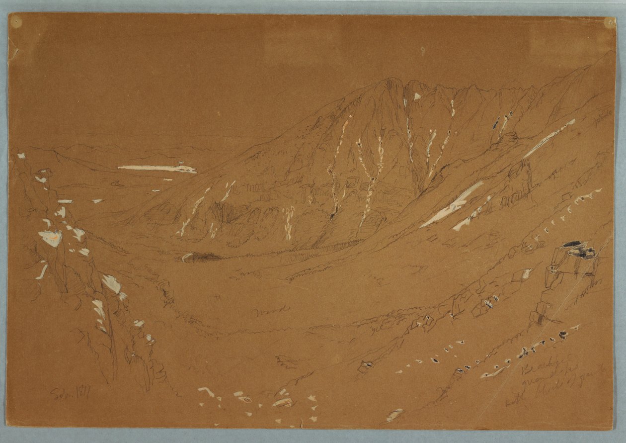 Tegning, Udsigt mod Great Basin, Mount Katahdin, september 1877 af Frederic Edwin Church