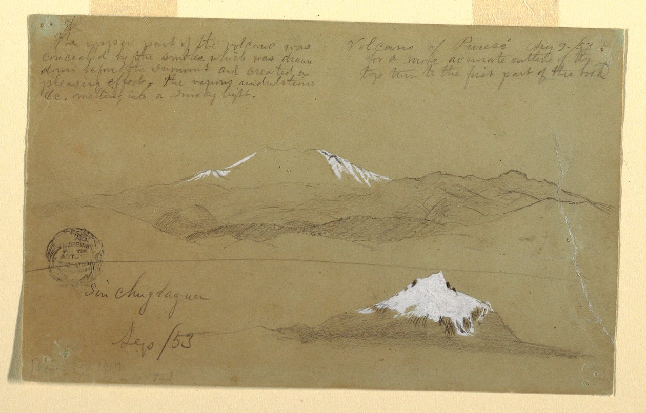 Tegning, Udsigt over Puresé-vulkanen, Colombia og Sincholagua-bjerget, Ecuador, 9. august og september 1853 af Frederic Edwin Church