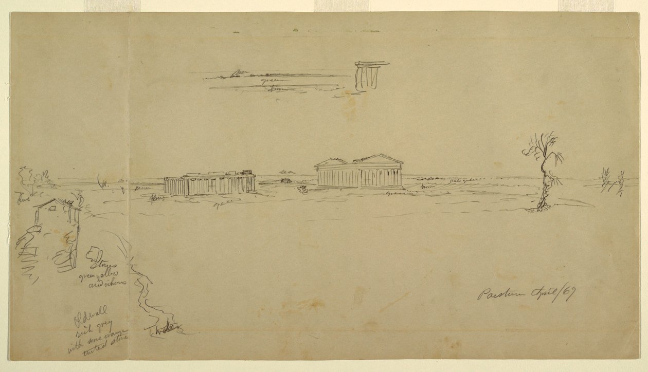 Tegning, Udsigt over basilikaen og Neptun-templet, Paestum, Italien, april 1869 af Frederic Edwin Church