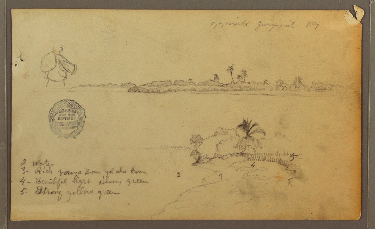 Tegning, Udsigt over østbredden af Guayas-floden, overfor Guayaquil, Ecuador, maj 1857 af Frederic Edwin Church