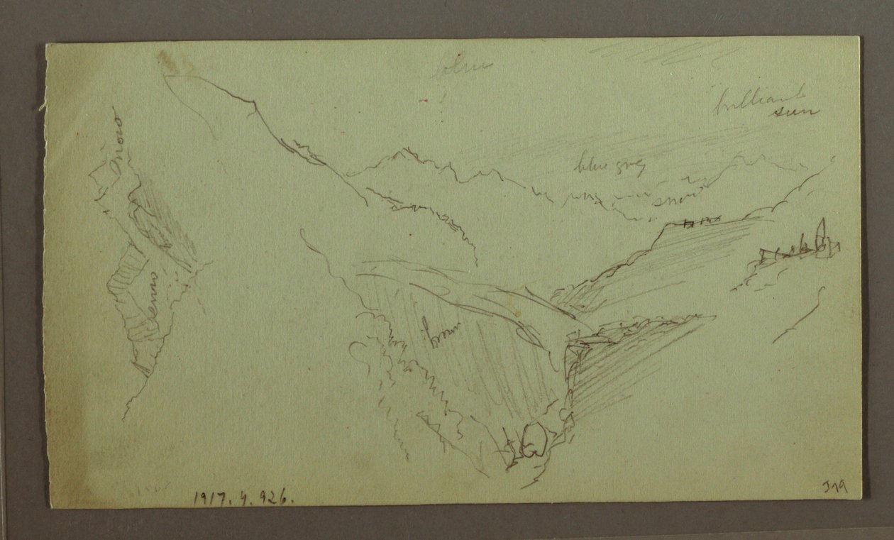 Tegning, Landsby og stejl bjergdal (Alperne), 1868-69 af Frederic Edwin Church