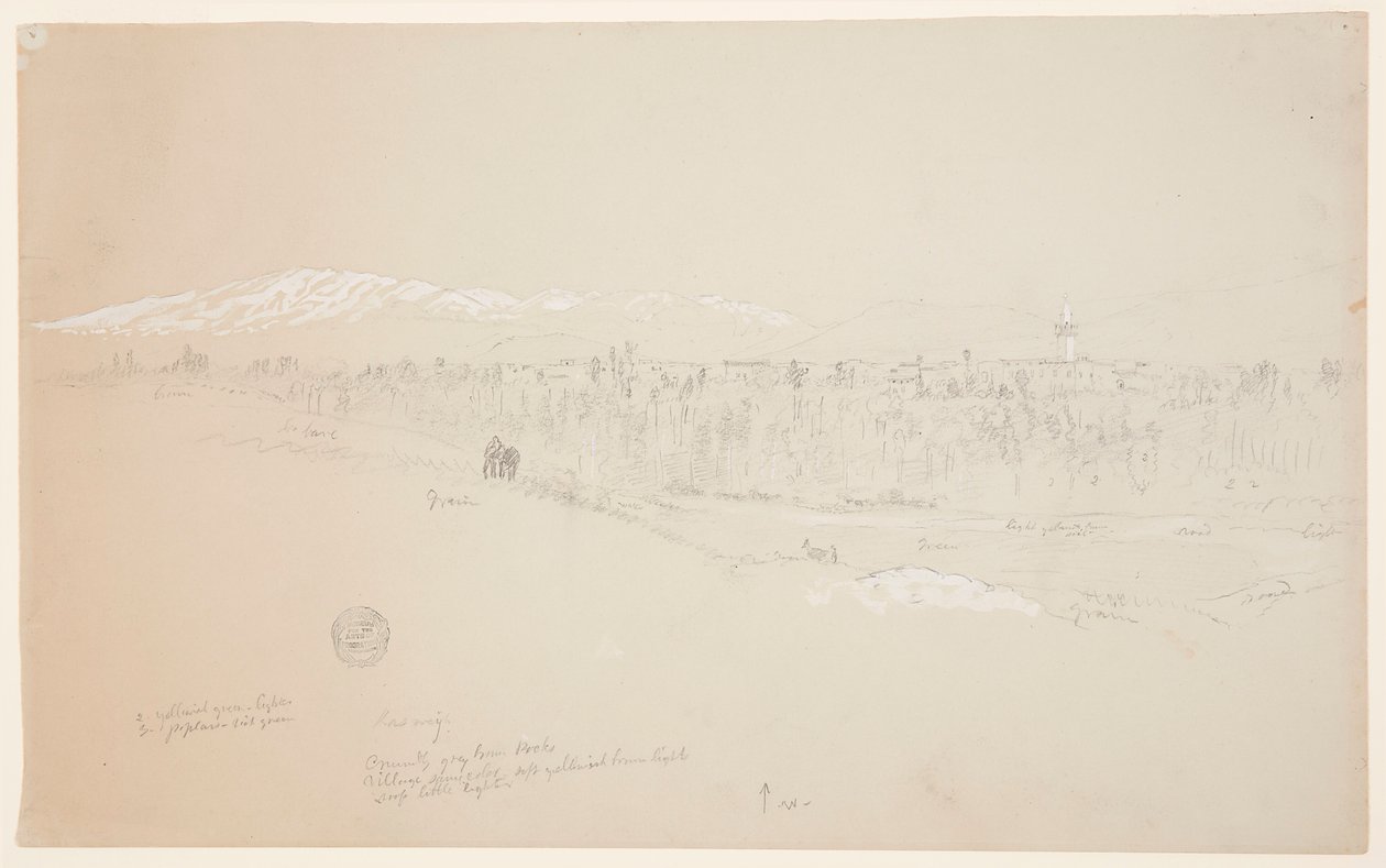 Tegning, landsbyen Kuseiyeh, Libanon-bjerget i det fjerne, maj 1868 af Frederic Edwin Church