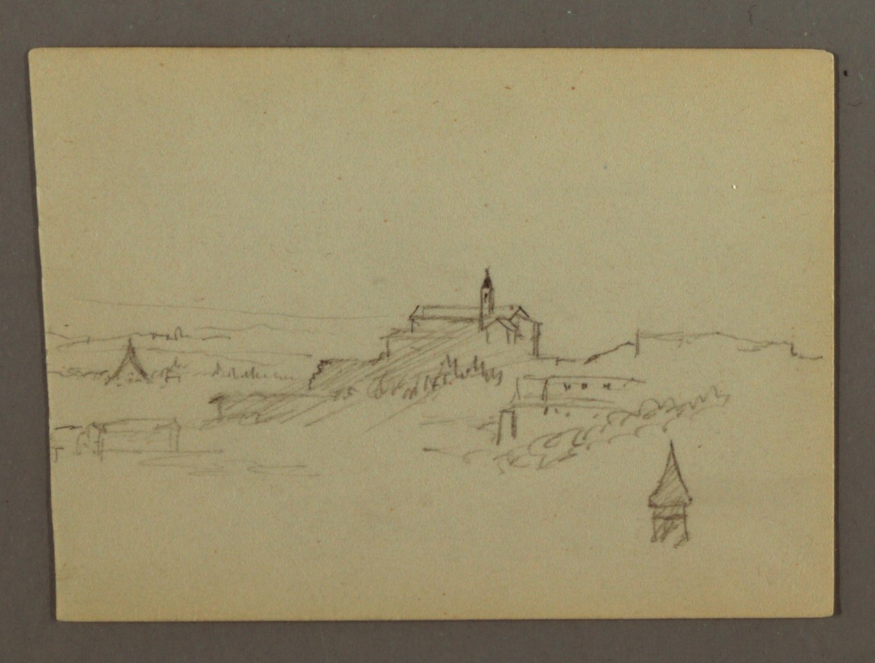 Tegning, Landsby på bakketop, muligvis 1868-69 af Frederic Edwin Church