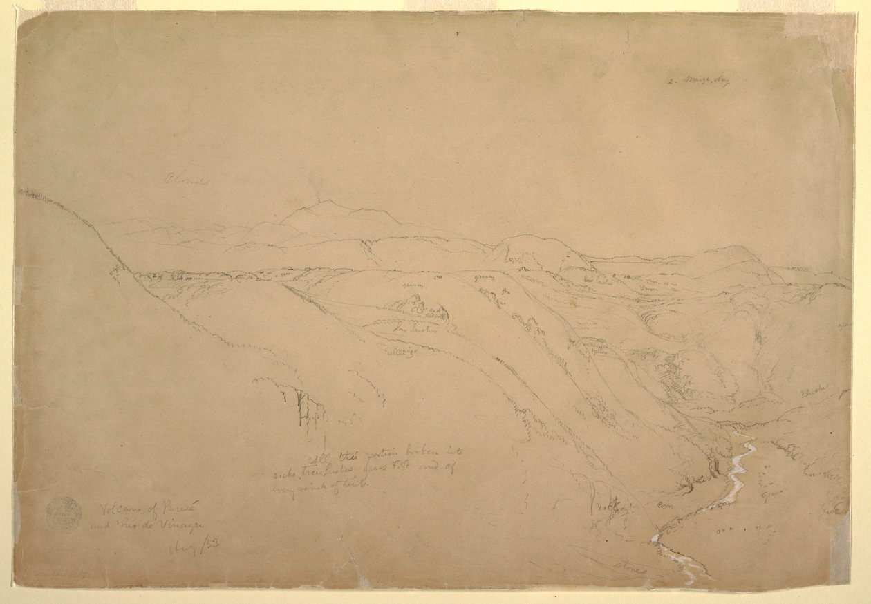 Tegning, Vulkanen Puresé og Rio de Vinagre, Purese, Colombia, august 1853 af Frederic Edwin Church