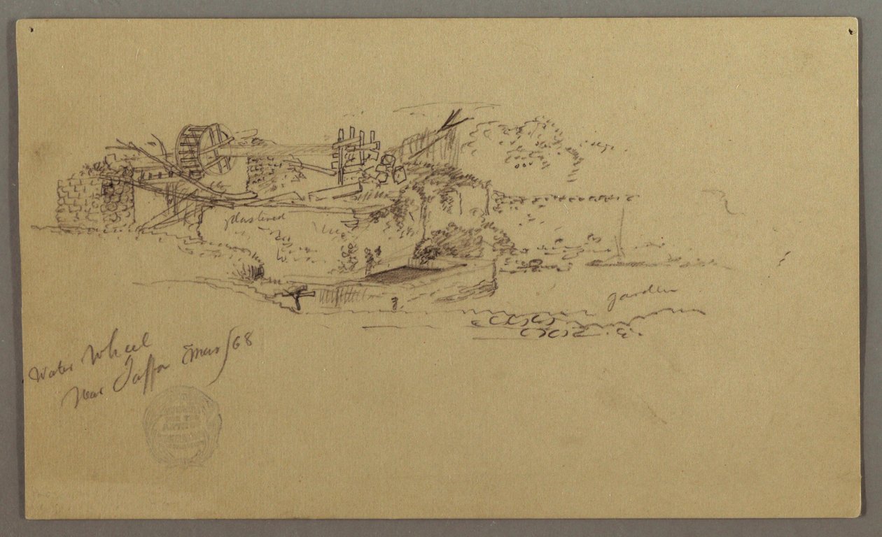 Tegning, Vandhjul med et bassin i en have, Jaffa, Palæstina [Tel Aviv, Israel], marts 1868 af Frederic Edwin Church