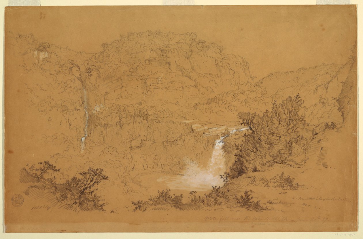 Tegning, vandfald nær haciendaen, Chillo, Ecuador, 26. juni 1857 af Frederic Edwin Church