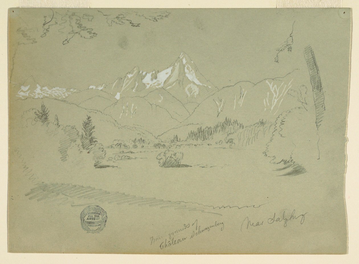 Tegning, Watzmann fra jorden ved slottet i Aigen nær Salzburg, juni-juli 1868 af Frederic Edwin Church