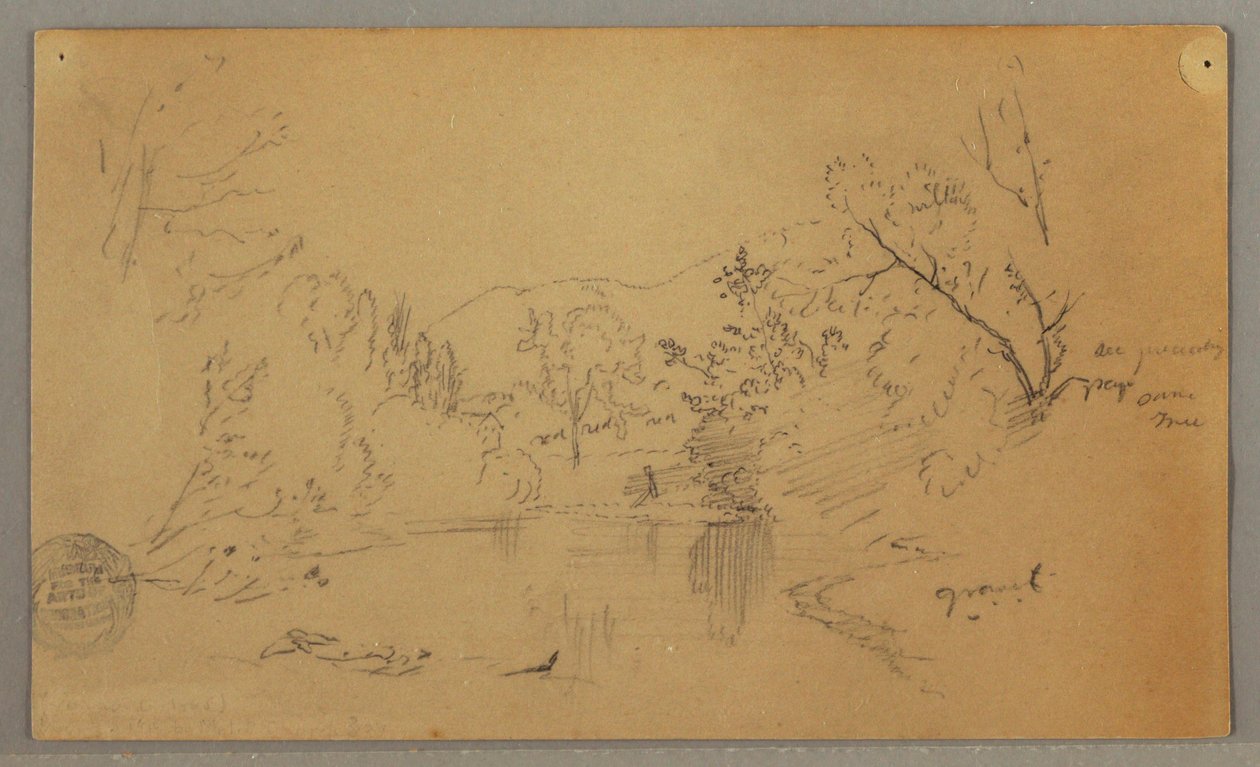 Tegning, snoet flod i en skovklædt dal, Vermont, oktober 1865 af Frederic Edwin Church