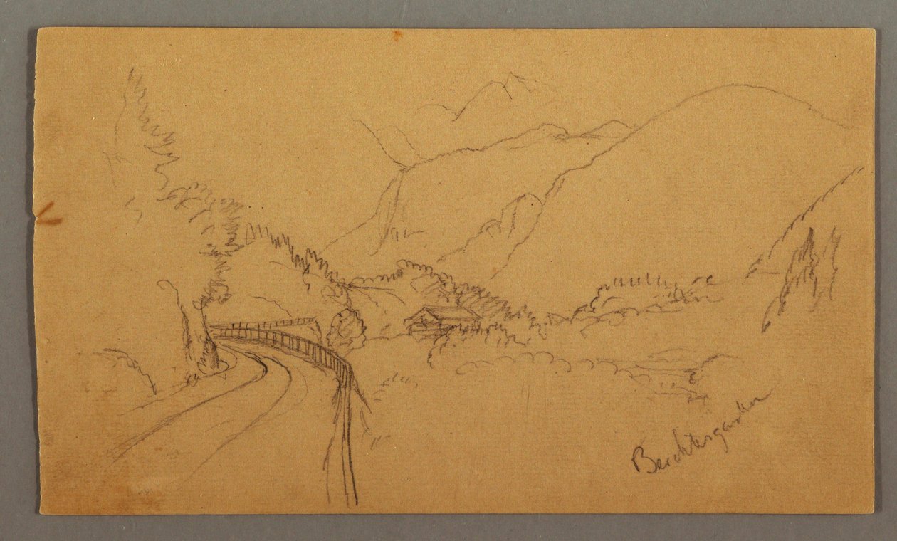 Tegning, snoet vej gennem dal, hus, muligvis 1868 af Frederic Edwin Church