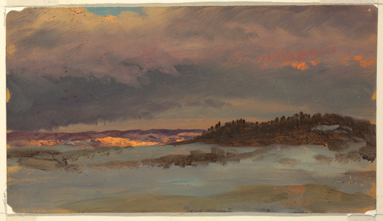 Tegning, Vinterlandskab med Blue Hill ved solnedgang, Hudson, New York, 1870-75 af Frederic Edwin Church
