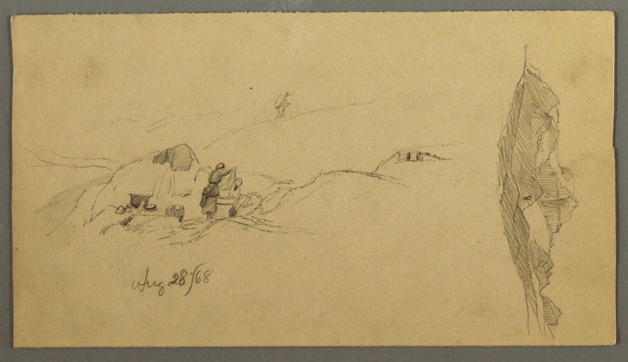 Tegning, kvinder vasker sig ved et trug, bjerge, 28. august 1868 af Frederic Edwin Church