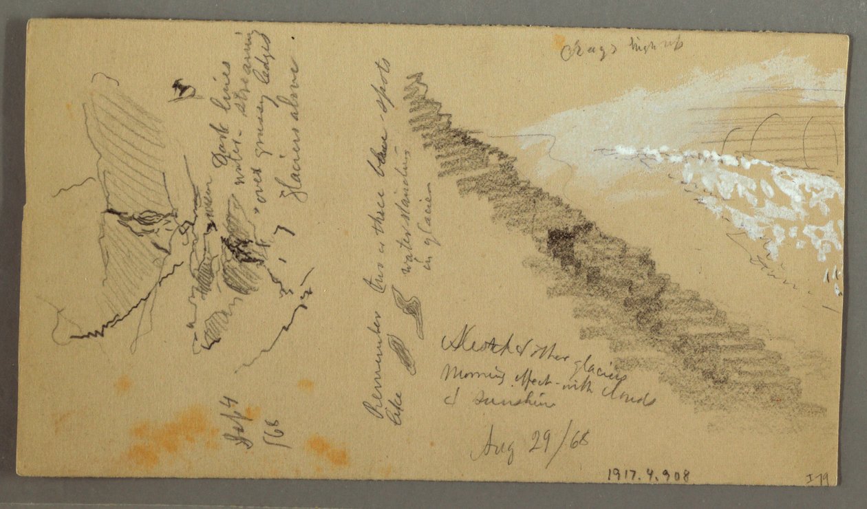 Tegning, kvinder vasker sig ved et trug, bjerge, 28. august 1868 af Frederic Edwin Church