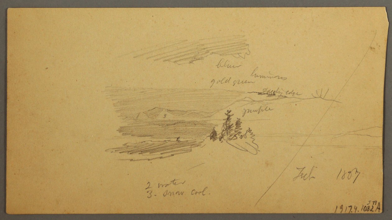 Tegning, skovklædt bakketop, bakket dal, sol, januar 1866 af Frederic Edwin Church