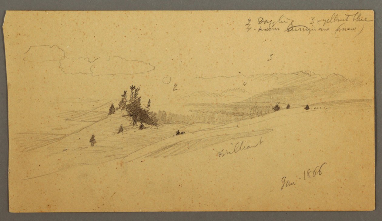 Tegning, skovklædt bakketop, bakket dal, sol, januar 1866 af Frederic Edwin Church