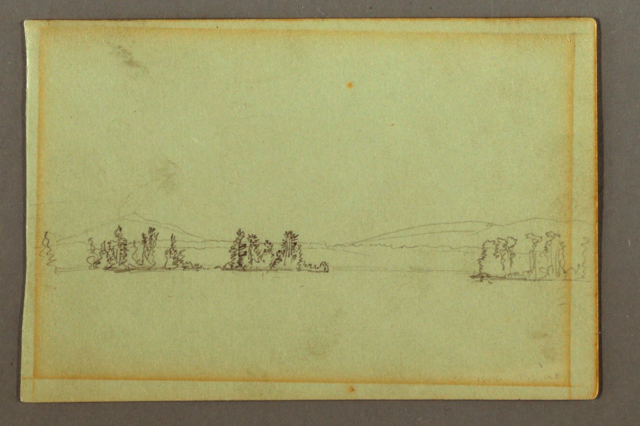 Tegning, Skovklædte øer, kuperet kyst, muligvis 1856 af Frederic Edwin Church