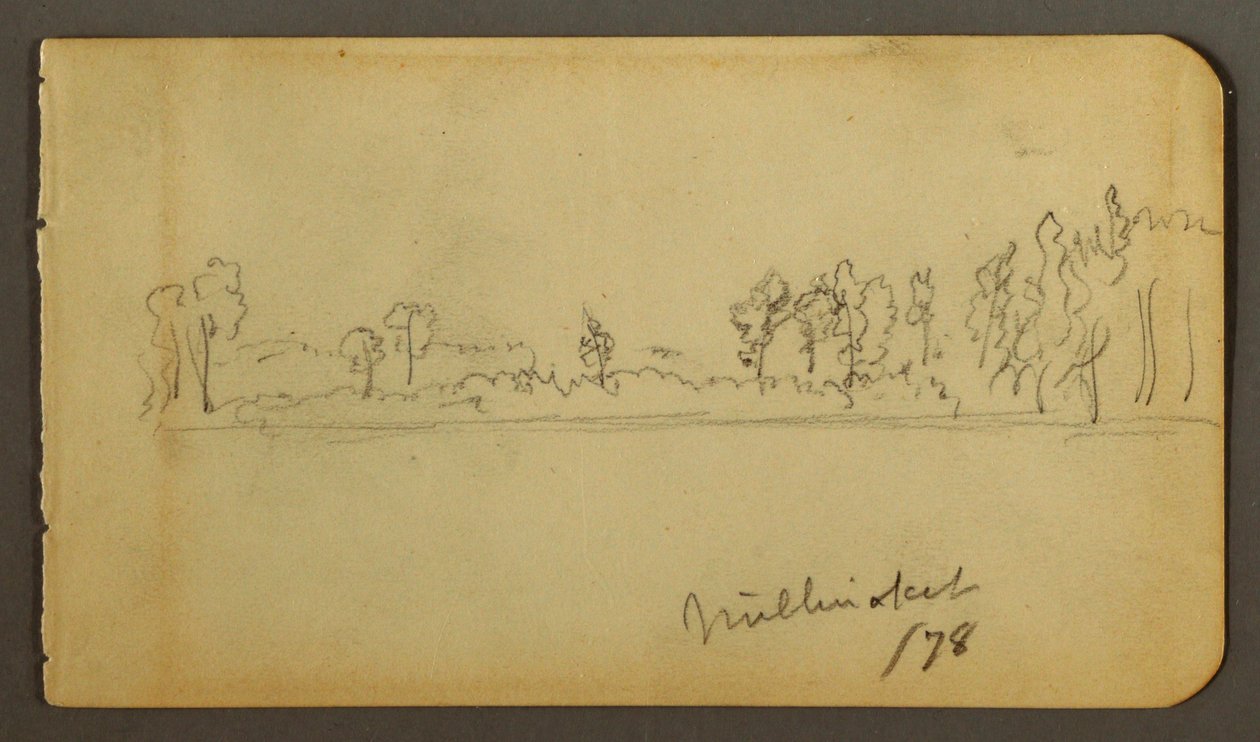 Tegning, skovklædt bred, 1878 af Frederic Edwin Church