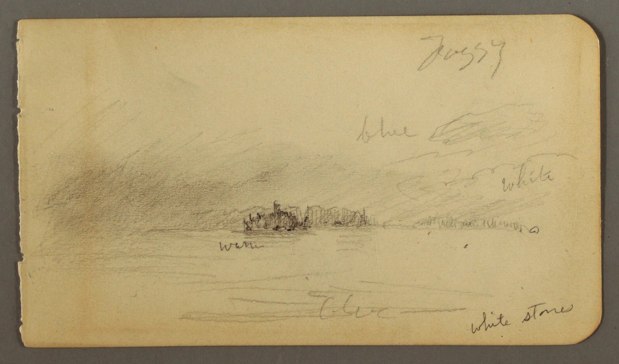 Tegning, Træbevokset kyst i tåge, muligvis 1878 af Frederic Edwin Church