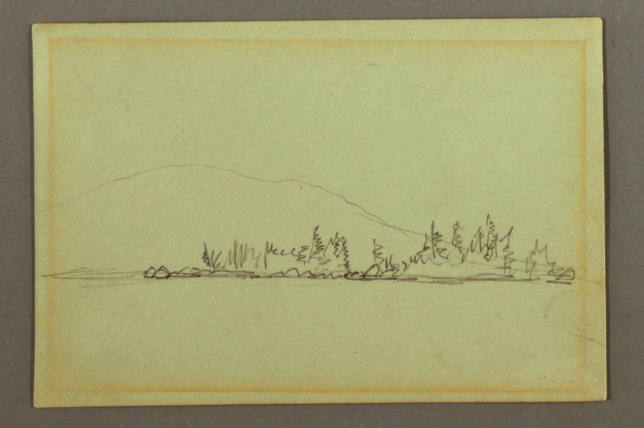 Tegning, Træbevokset bred, bjerg, muligvis 1856 af Frederic Edwin Church