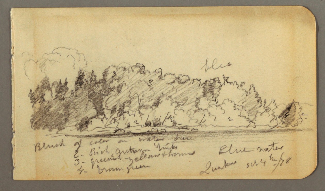 Tegning, træbevokset bred, vand, 1878 af Frederic Edwin Church