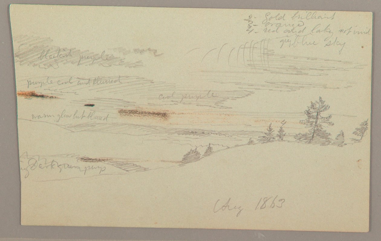 Tegning, skovklædt skråning, bjergland, 1863 af Frederic Edwin Church