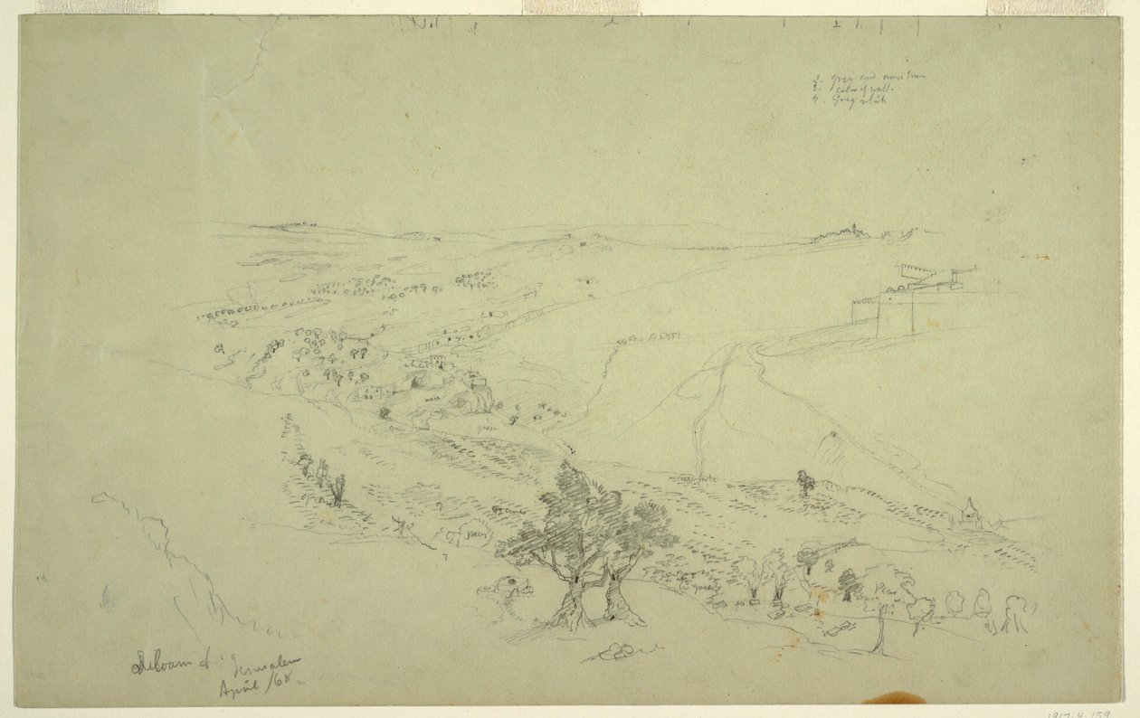 Siloam og Jerusalem, det sydøstlige hjørne af murene set fra Oliebjerget [Jerusalem og Silwan, Østjerusalem, Israel] af Frederic Edwin Church