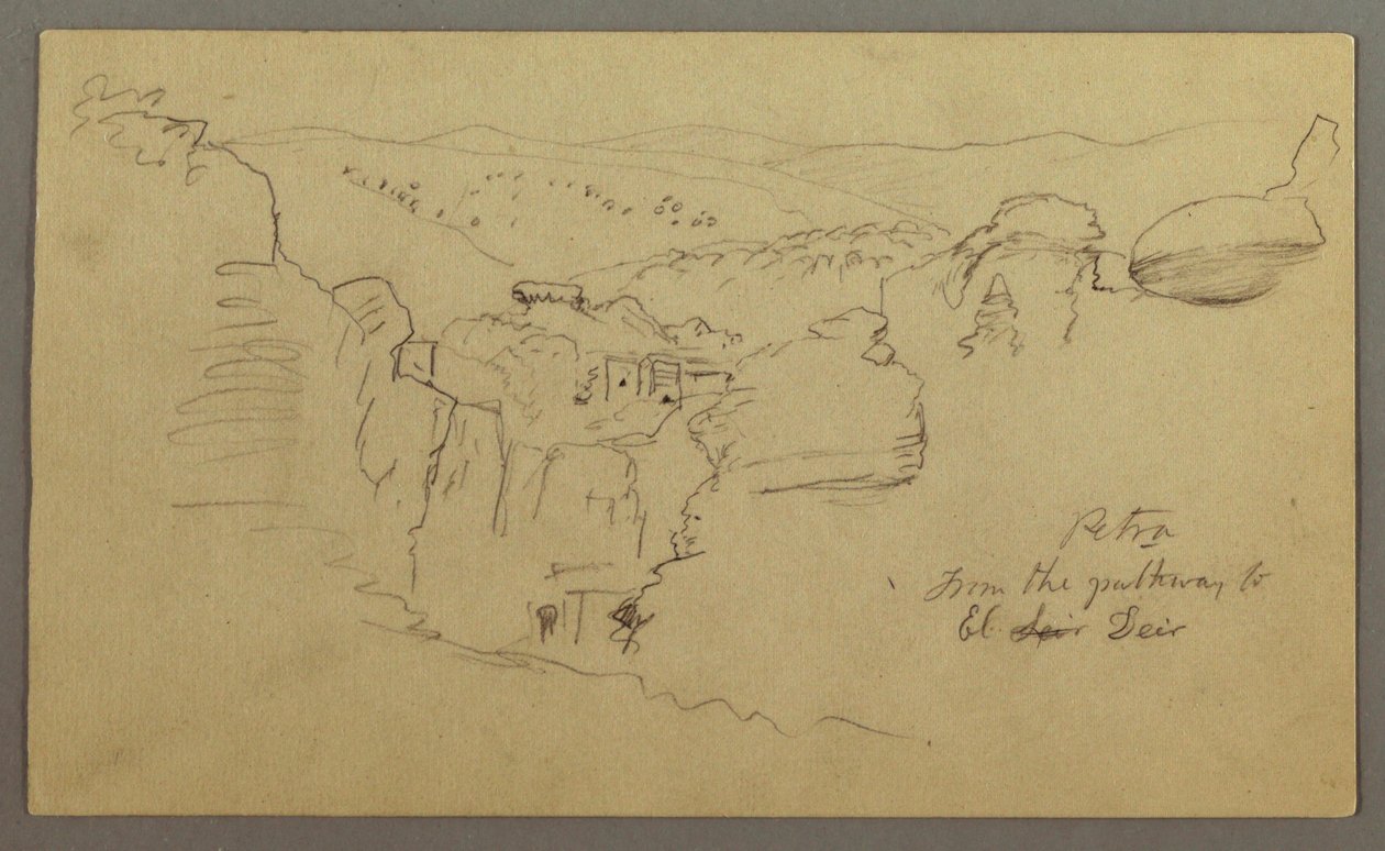 Skitse. Udsigt over Khirbet en Wasara "Petra / fra stykket til / El Deir" af Frederic Edwin Church